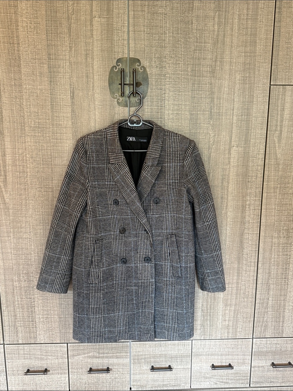 Zara Charcoal‎ Plaid Double-breasted Cotton Blend Coat